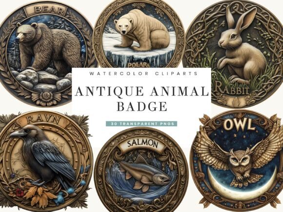 Antique Animal Badge Clipart Bundle: Vintage Design Assets