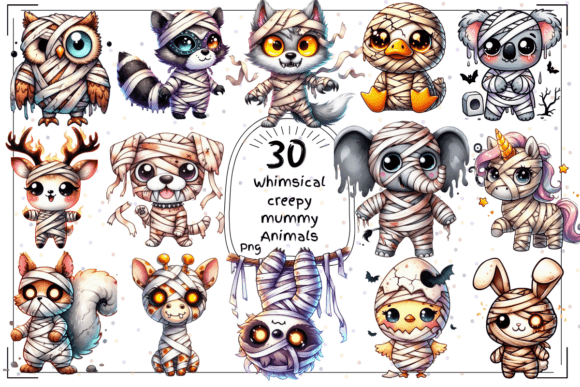 Spooky Sweet Design: 30 Watercolor Creepy Mummy Animal Clipart