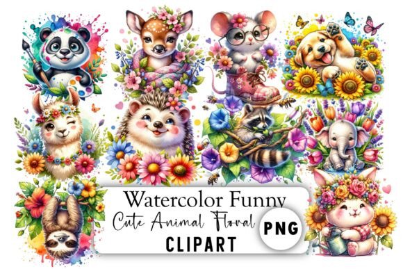 Watercolor Funny Cute Floral Animal PNGs: Playful Design Assets