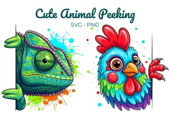 Whimsical Charm for Every Project: Chameleon Rooster Cute Animal Peeking
